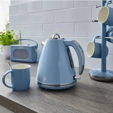 Swan Retro Kettle, 2 Slice Toaster, Bread Bin, Canisters, Mug Tree & Towel Pole Kitchen Set (Blue)