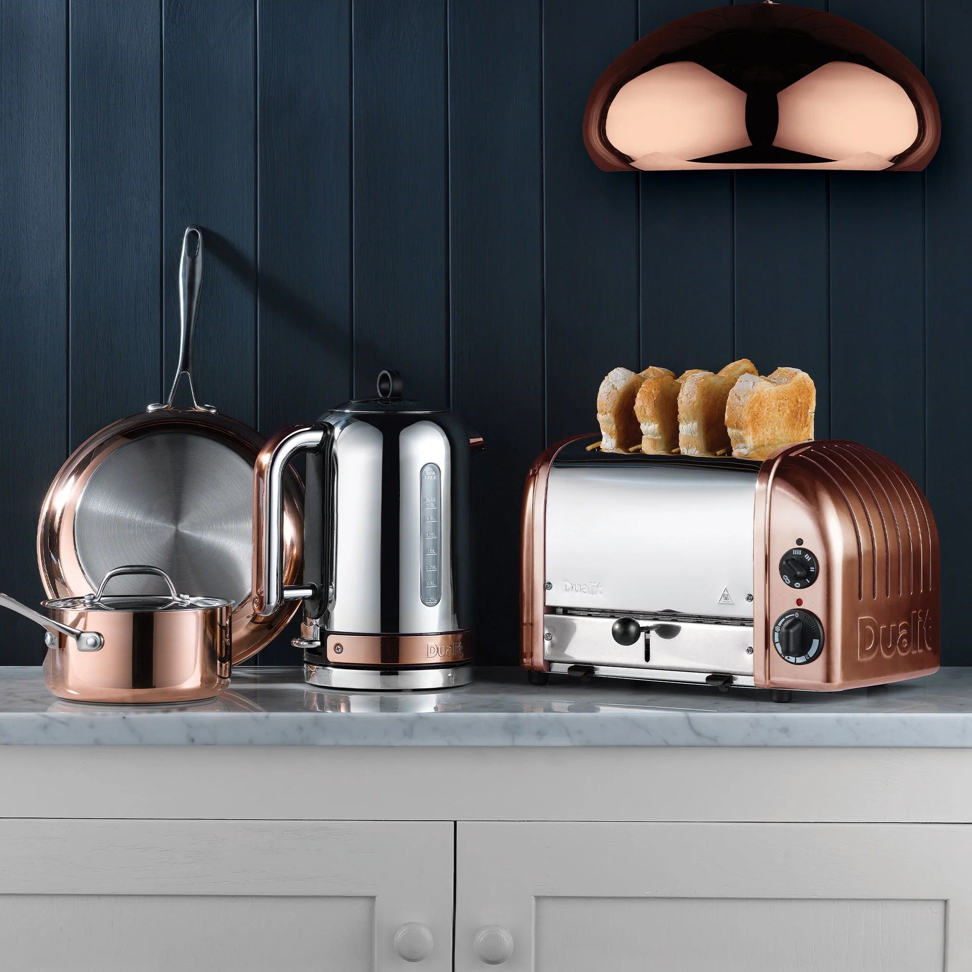 Dualit Classic Kettle & 4 Slice Vario AWS Toaster Kitchen Set (Stainless Steel & Copper) Kettle & Toaster Sets