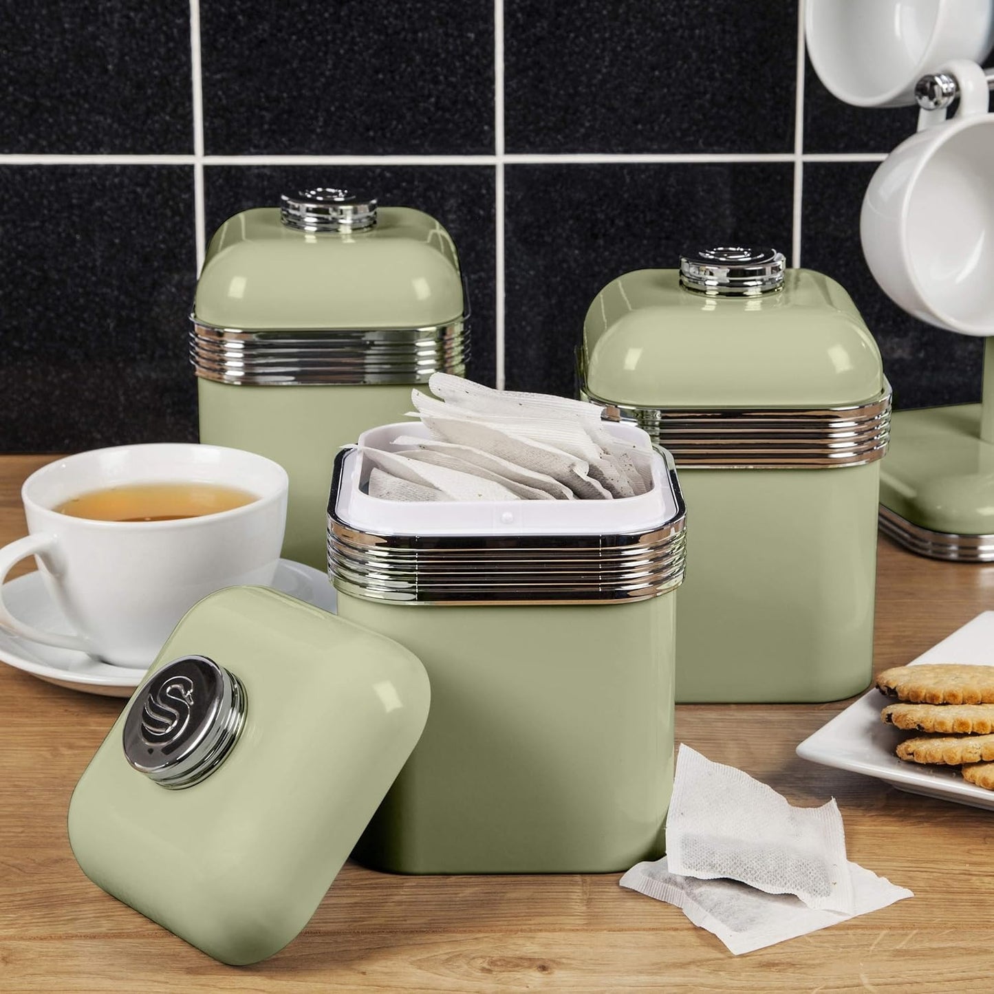 Swan Retro Jug Kettle & Canisters Matching Kitchen Set (Green)