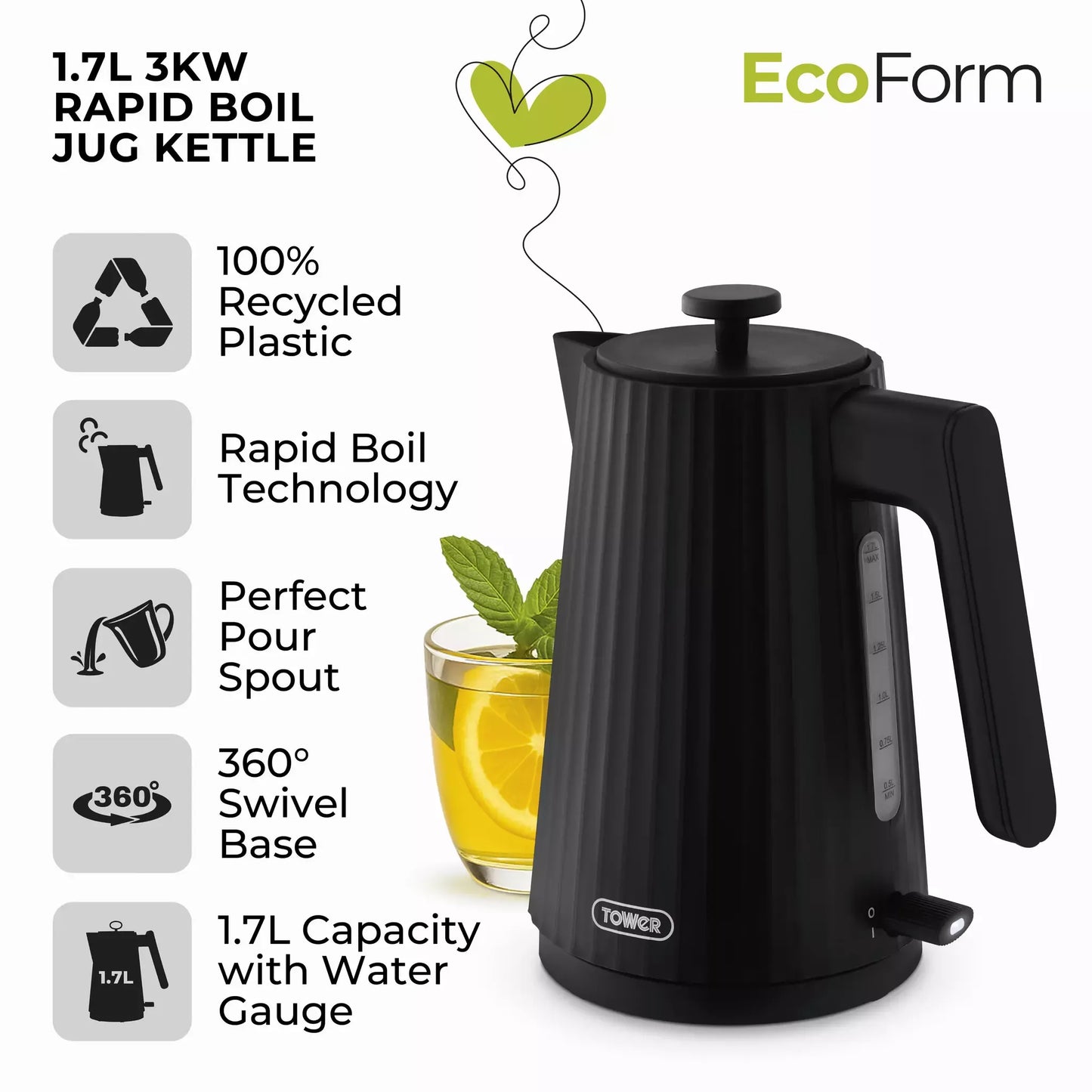 Tower EcoForm Rapid Boil Kettle & 4 Slice Toaster Kitchen Set (Black)