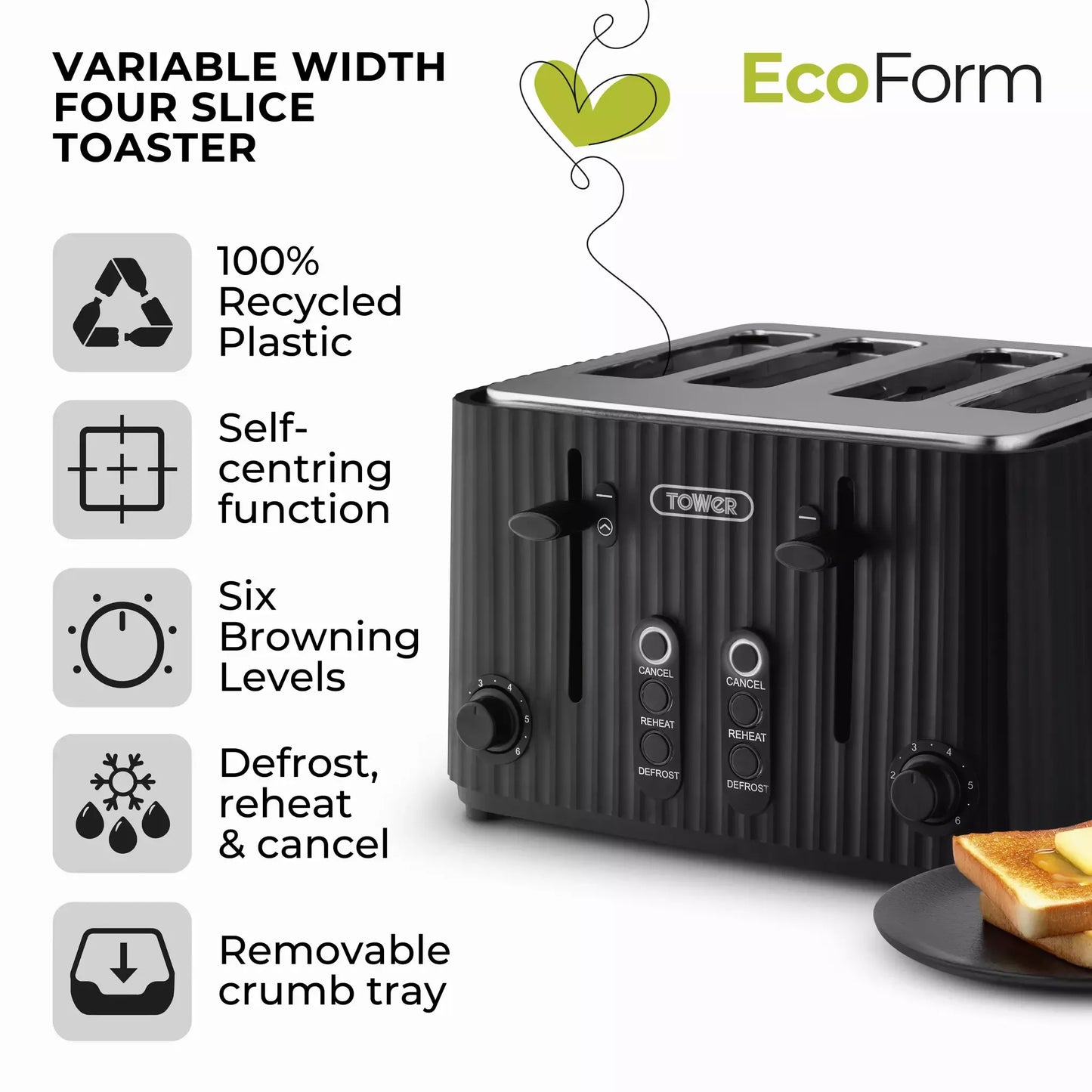 Tower EcoForm Rapid Boil Kettle & 4 Slice Toaster Kitchen Set (Black)