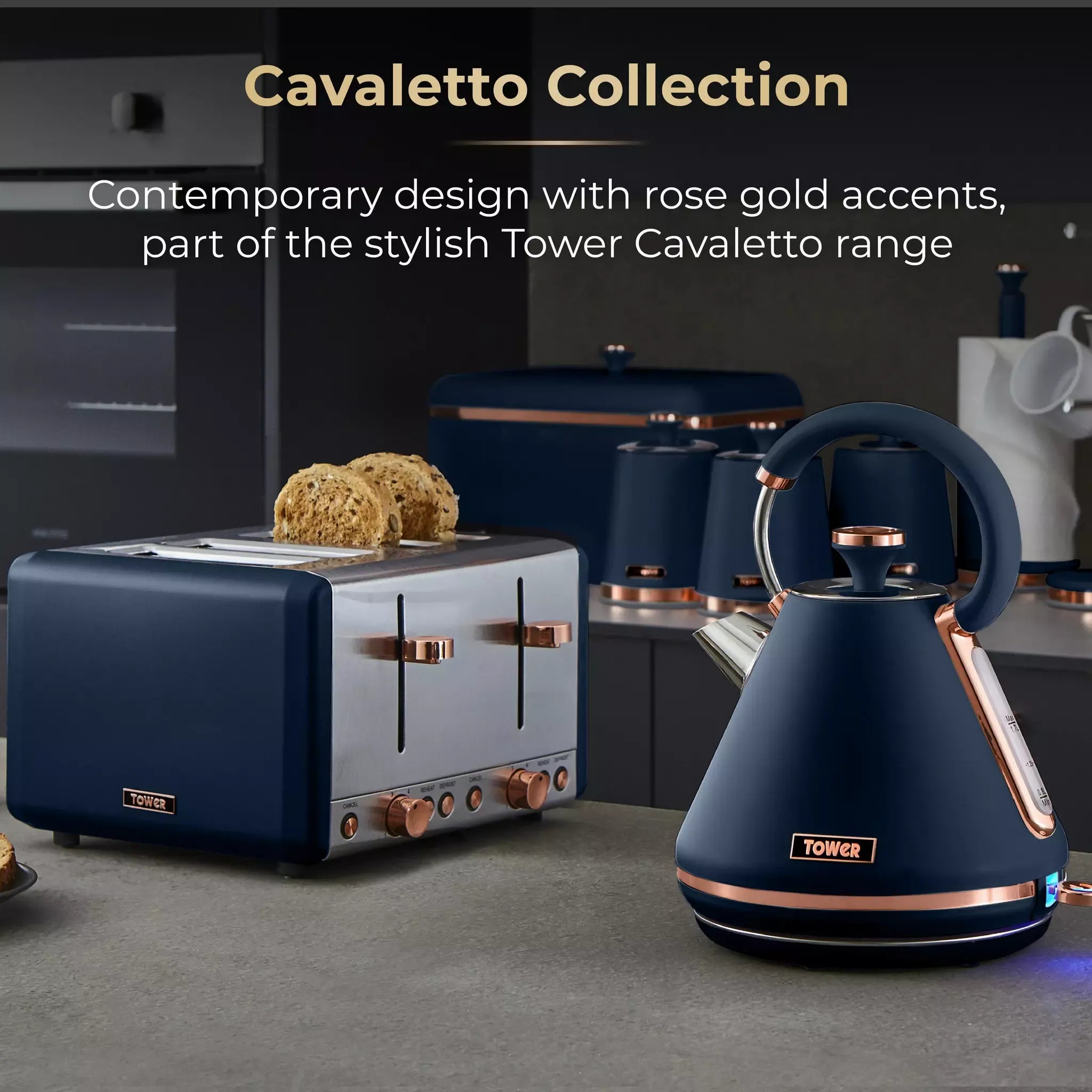 Tower Cavaletto Pyramid Kettle, 2 Slice Toaster & Canisters Kitchen Set (Midnight Blue)