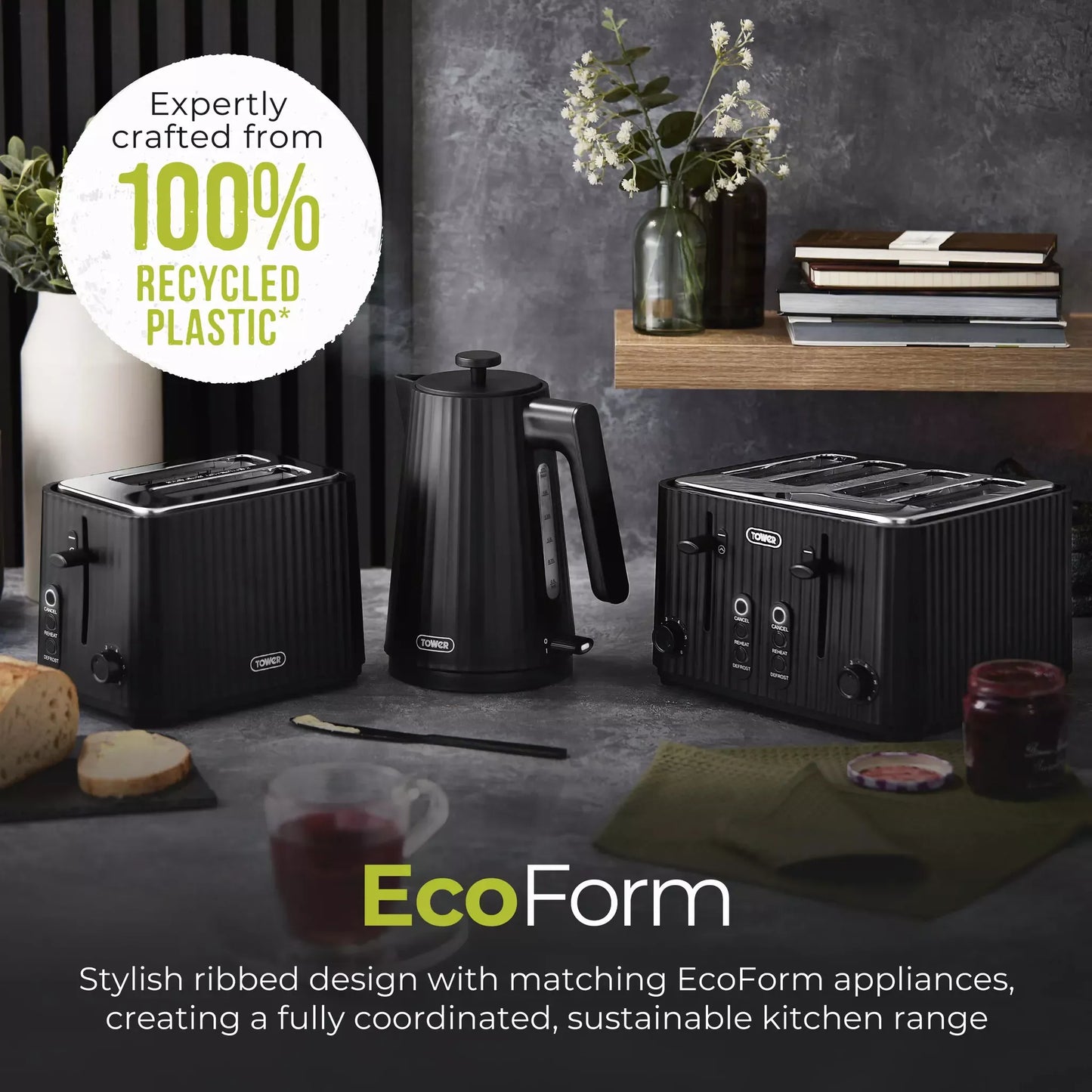 Tower EcoForm Rapid Boil Kettle & 4 Slice Toaster Kitchen Set (Black)