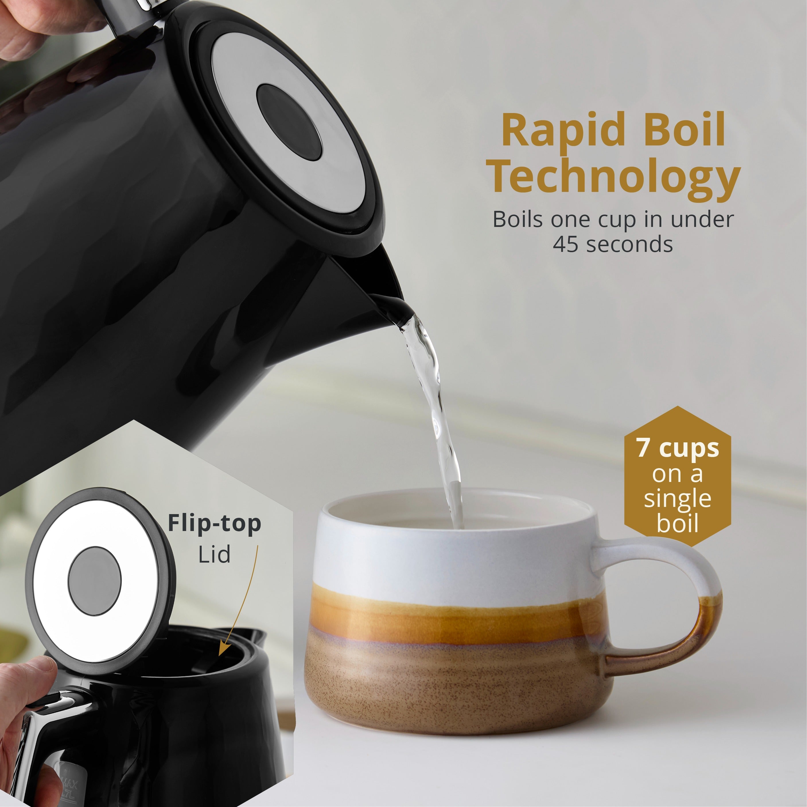 Black electric kettle pouring hot water, flip-top lid, handle and base visible