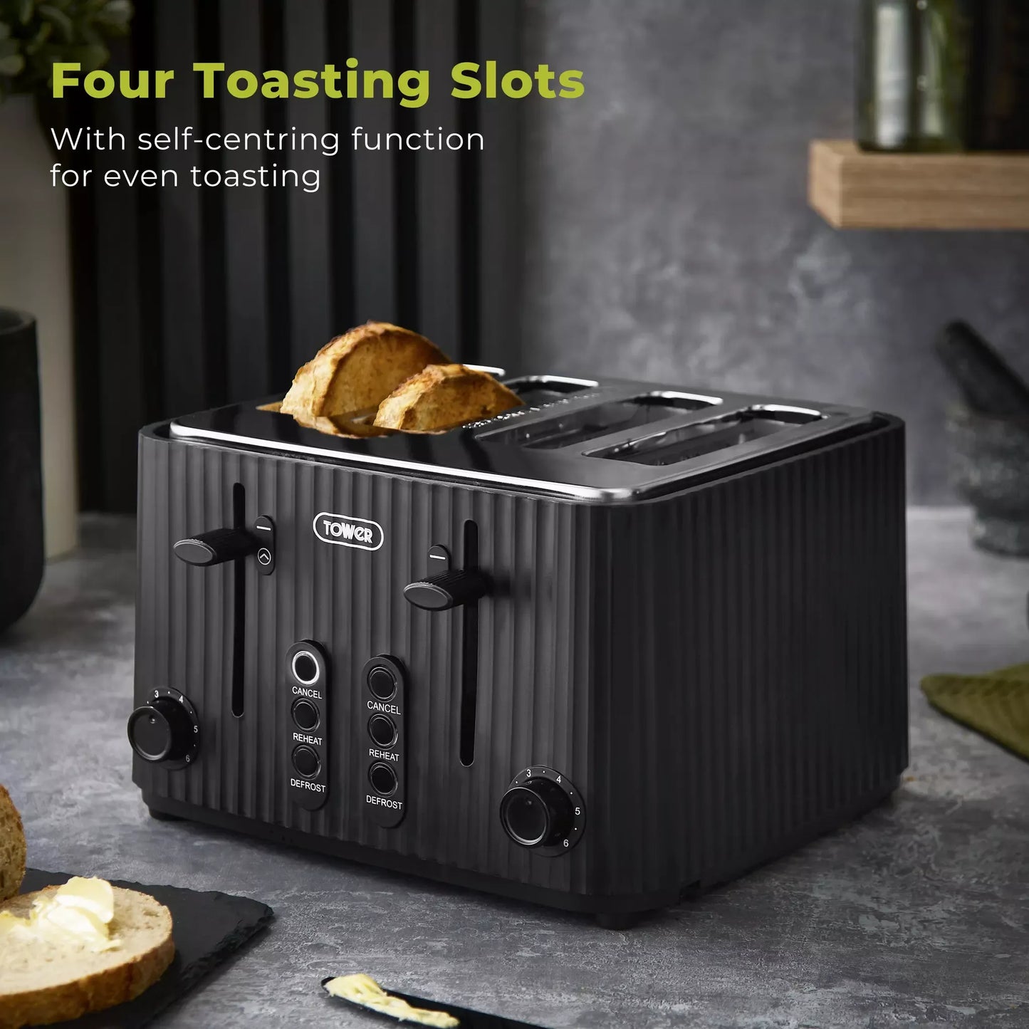 Tower EcoForm Rapid Boil Kettle & 4 Slice Toaster Kitchen Set (Black)