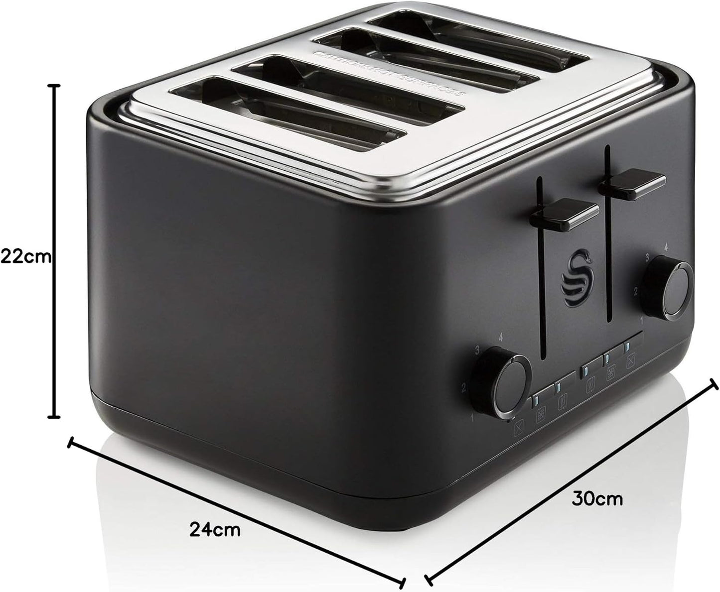Matt black 4-slice toaster with chrome top, showing front controls and size labels.