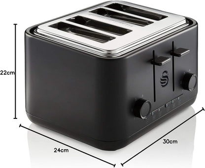 Matt black 4-slice toaster with chrome top, showing front controls and size labels.