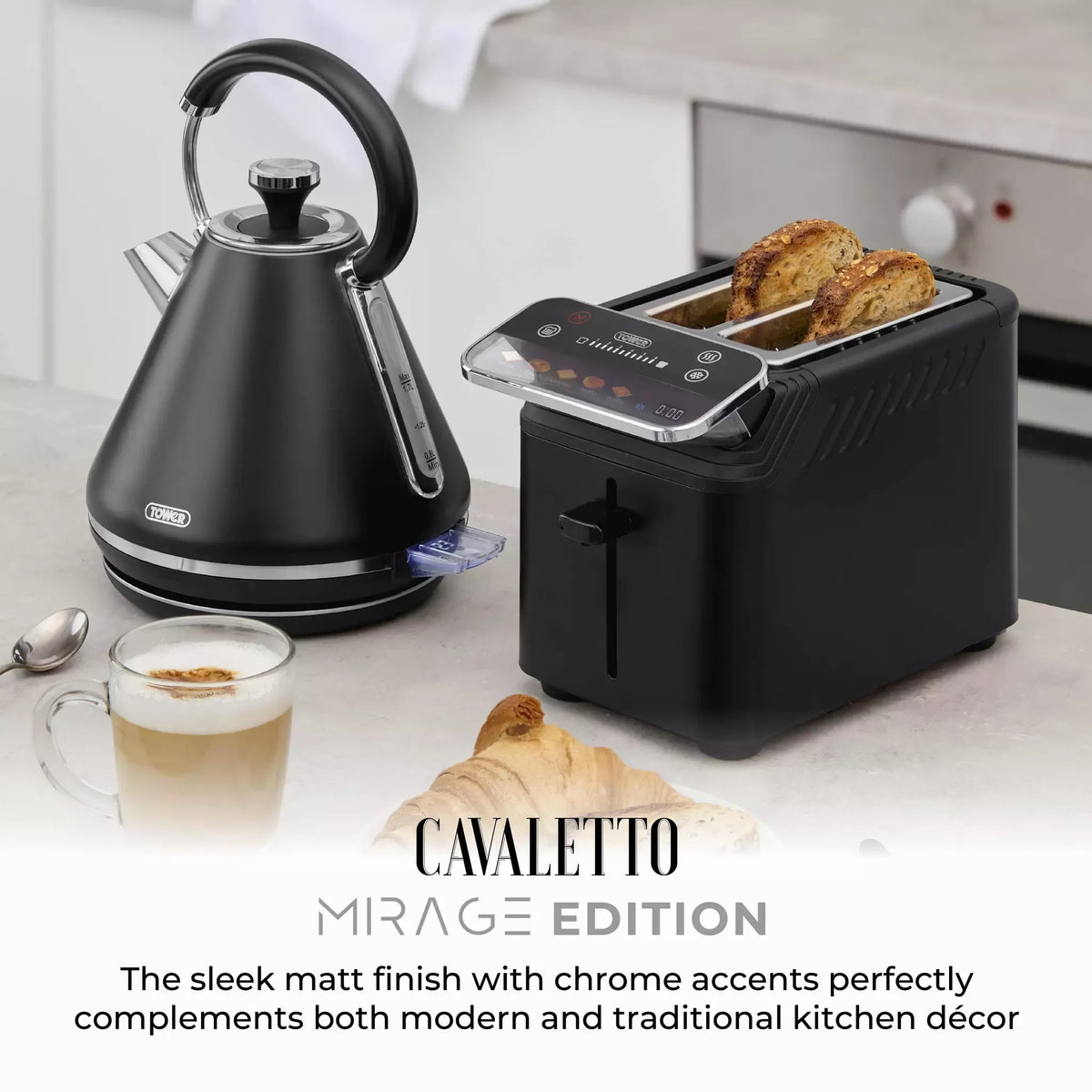 Tower Tower Mirage Digital Pyramid Kettle & 2 Slice Toaster Kitchen Set (Black)