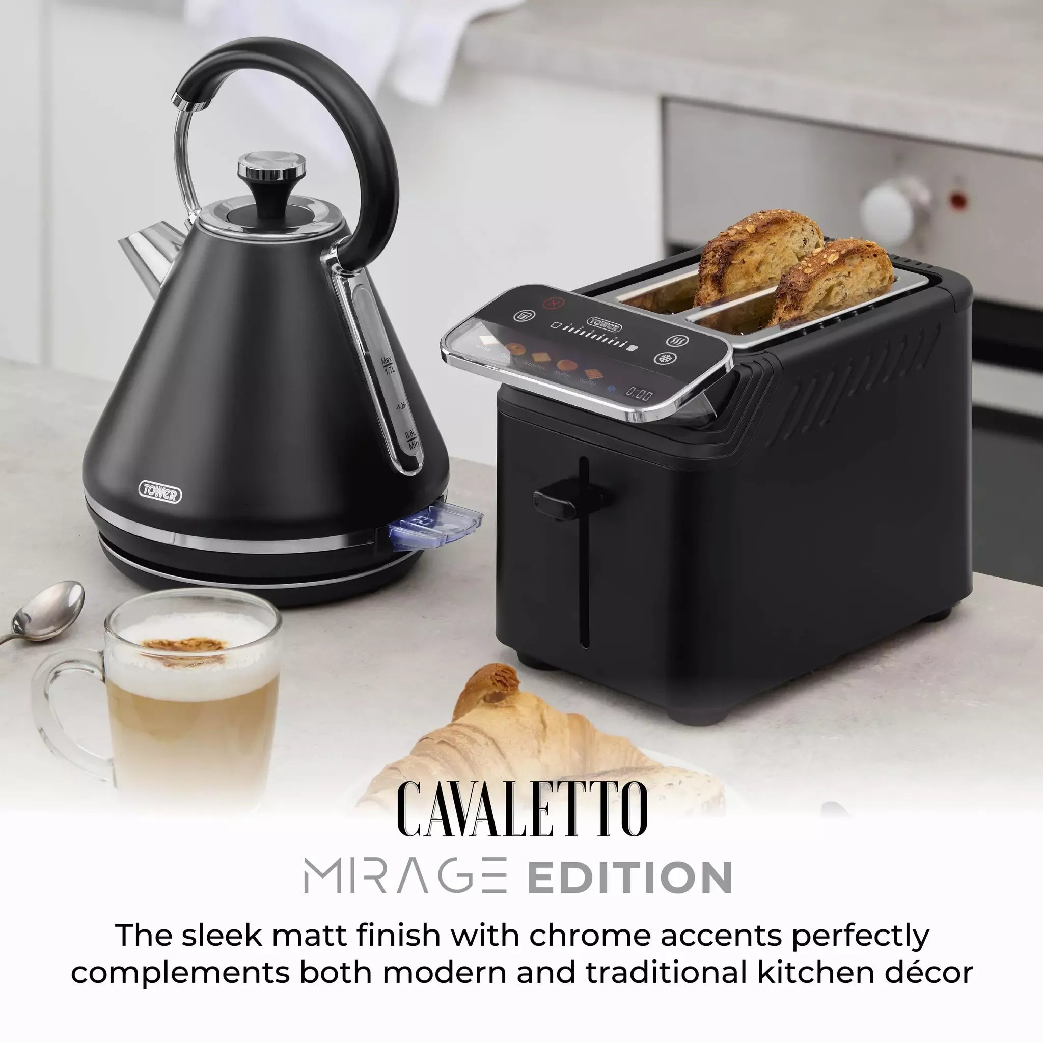 Black kettle and black 2-slice toaster kitchen set on countertop