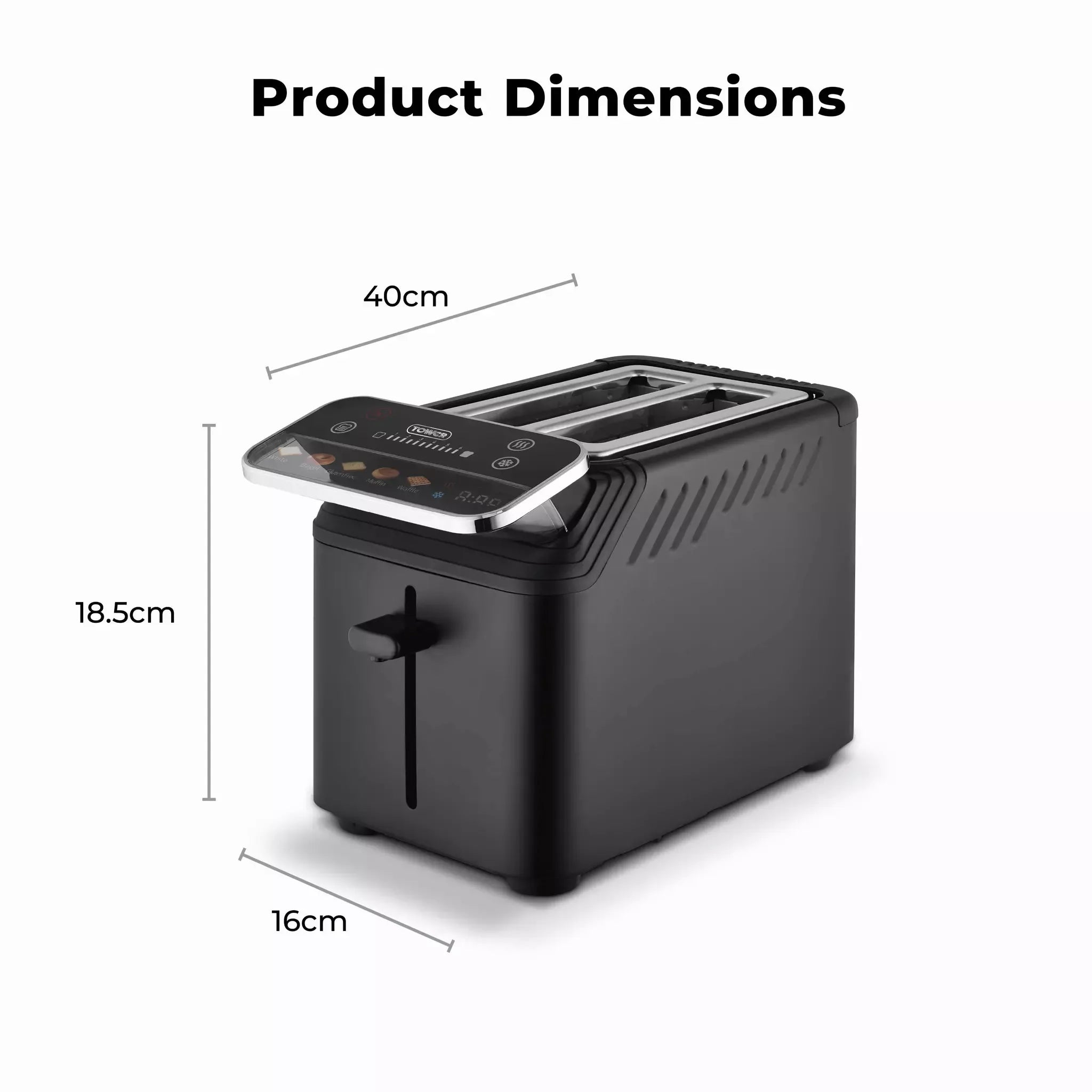 Black 2-slice digital toaster, front-left view with open bread slots