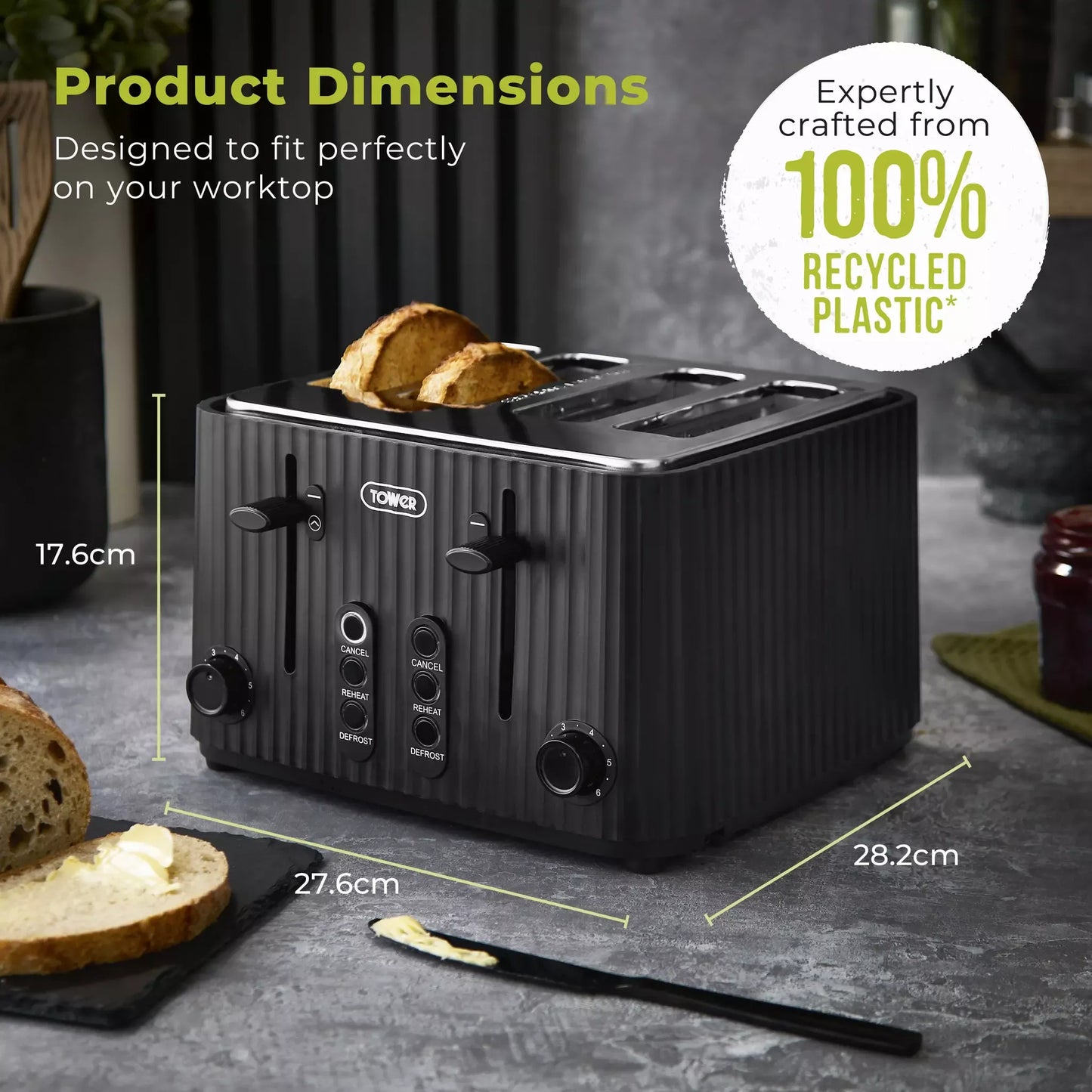 Tower EcoForm Rapid Boil Kettle & 4 Slice Toaster Kitchen Set (Black)