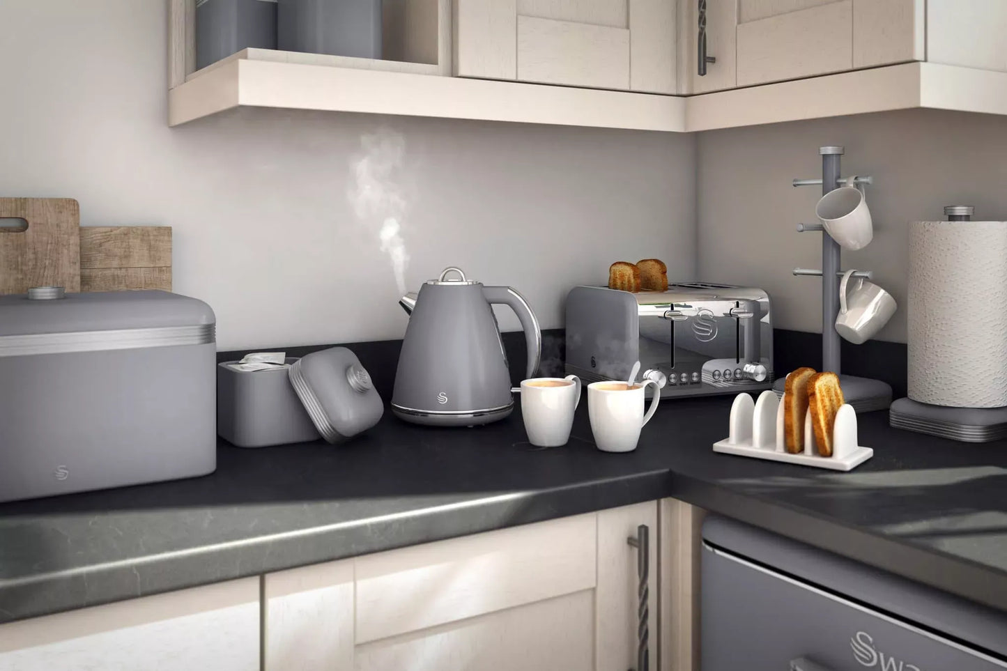 Swan Retro Pyramid Kettle, 4 Slice Toaster, Bread Bin, Canisters & Towel Pole Kitchen Set (Grey)