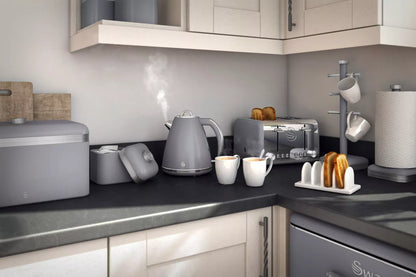 Swan Retro Pyramid Kettle, 4 Slice Toaster, Bread Bin, Canisters & Towel Pole Kitchen Set (Grey)