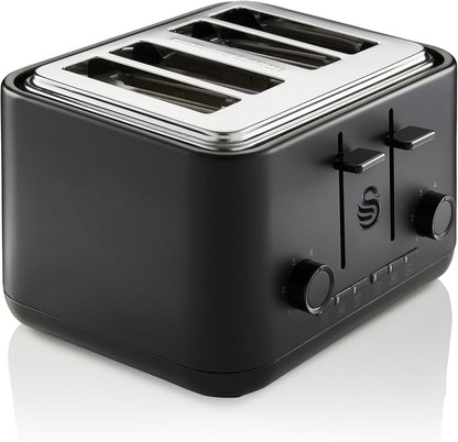 Matt black 4-slice toaster with chrome top slots and control knobs on side.