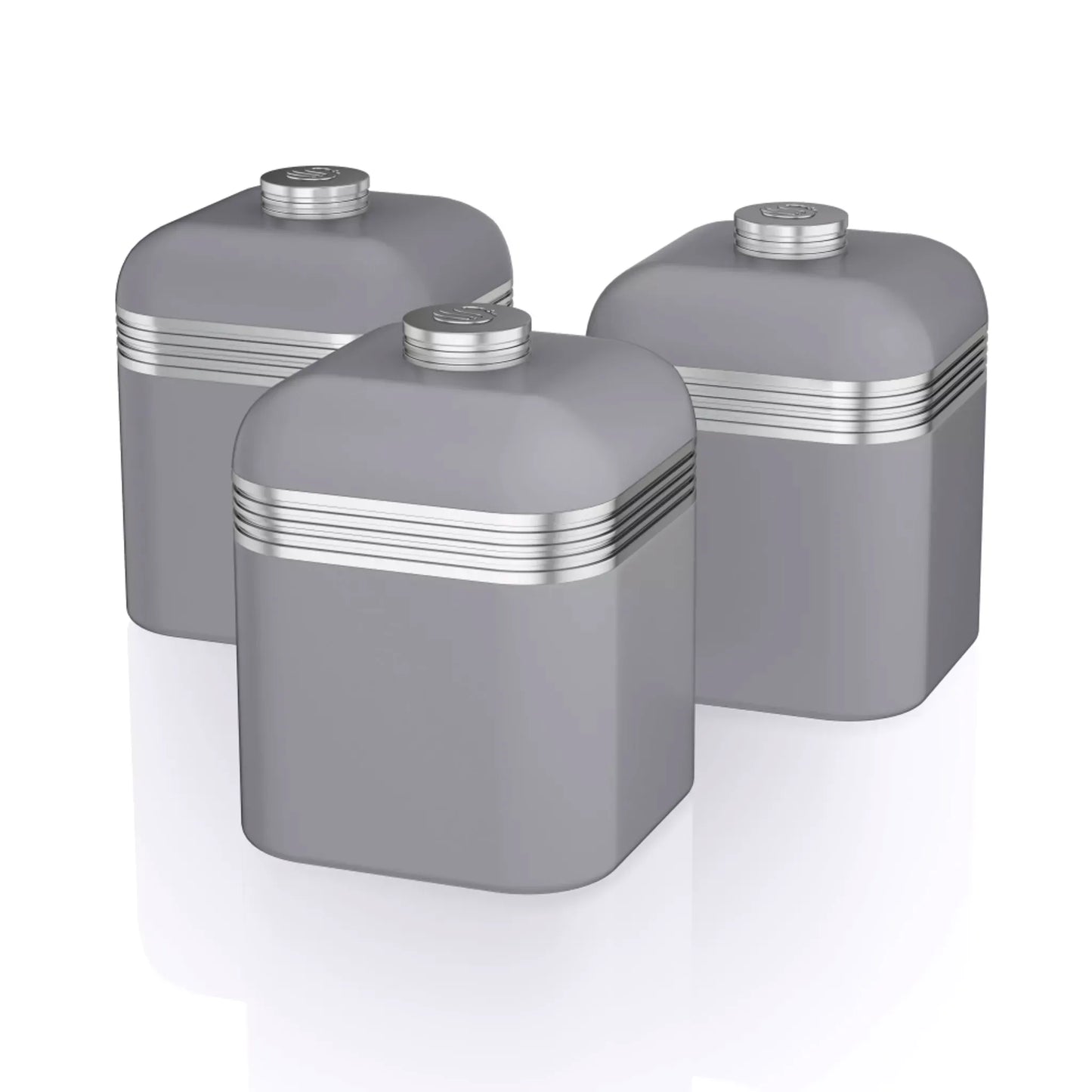 Swan Retro Pyramid Kettle, 4 Slice Toaster, Bread Bin, Canisters & Towel Pole Kitchen Set (Grey)
