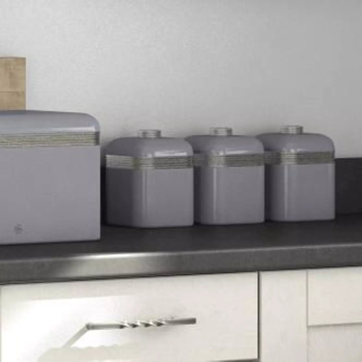 Swan Retro Pyramid Kettle, 4 Slice Toaster, Bread Bin, Canisters & Towel Pole Kitchen Set (Grey)