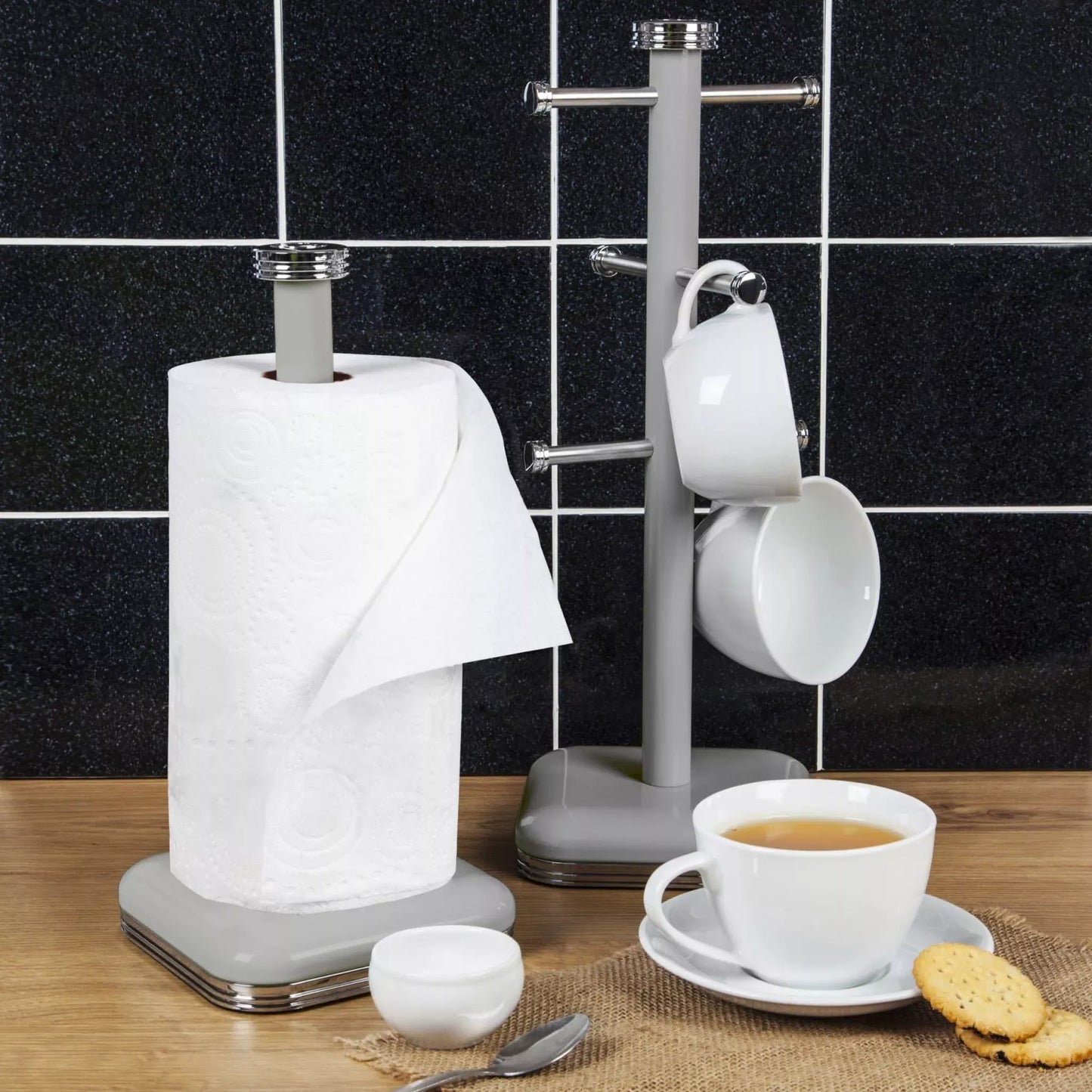 Swan Retro Pyramid Kettle, 4 Slice Toaster, Bread Bin, Canisters & Towel Pole Kitchen Set (Grey)