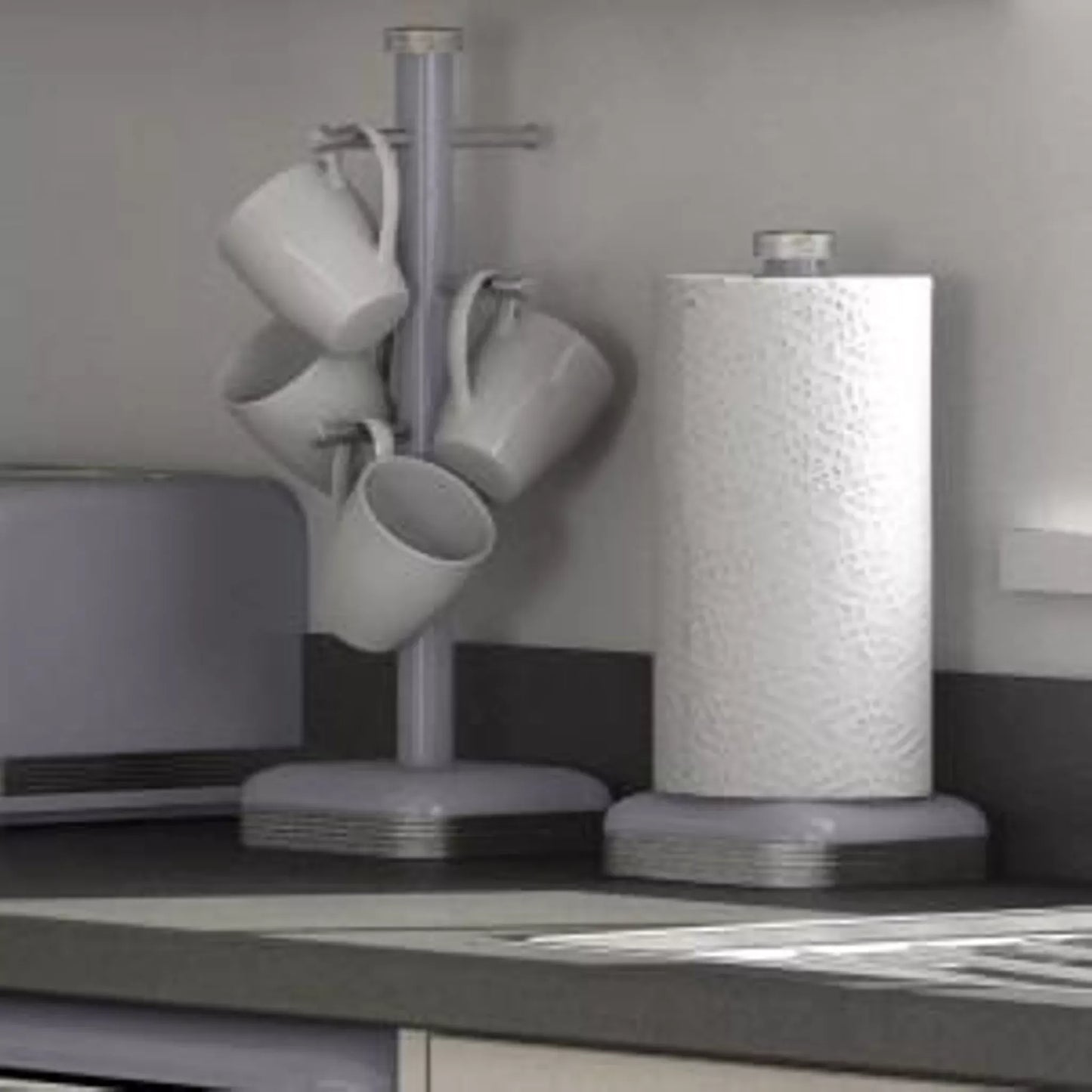 Swan Retro Pyramid Kettle, 4 Slice Toaster, Bread Bin, Canisters & Towel Pole Kitchen Set (Grey)
