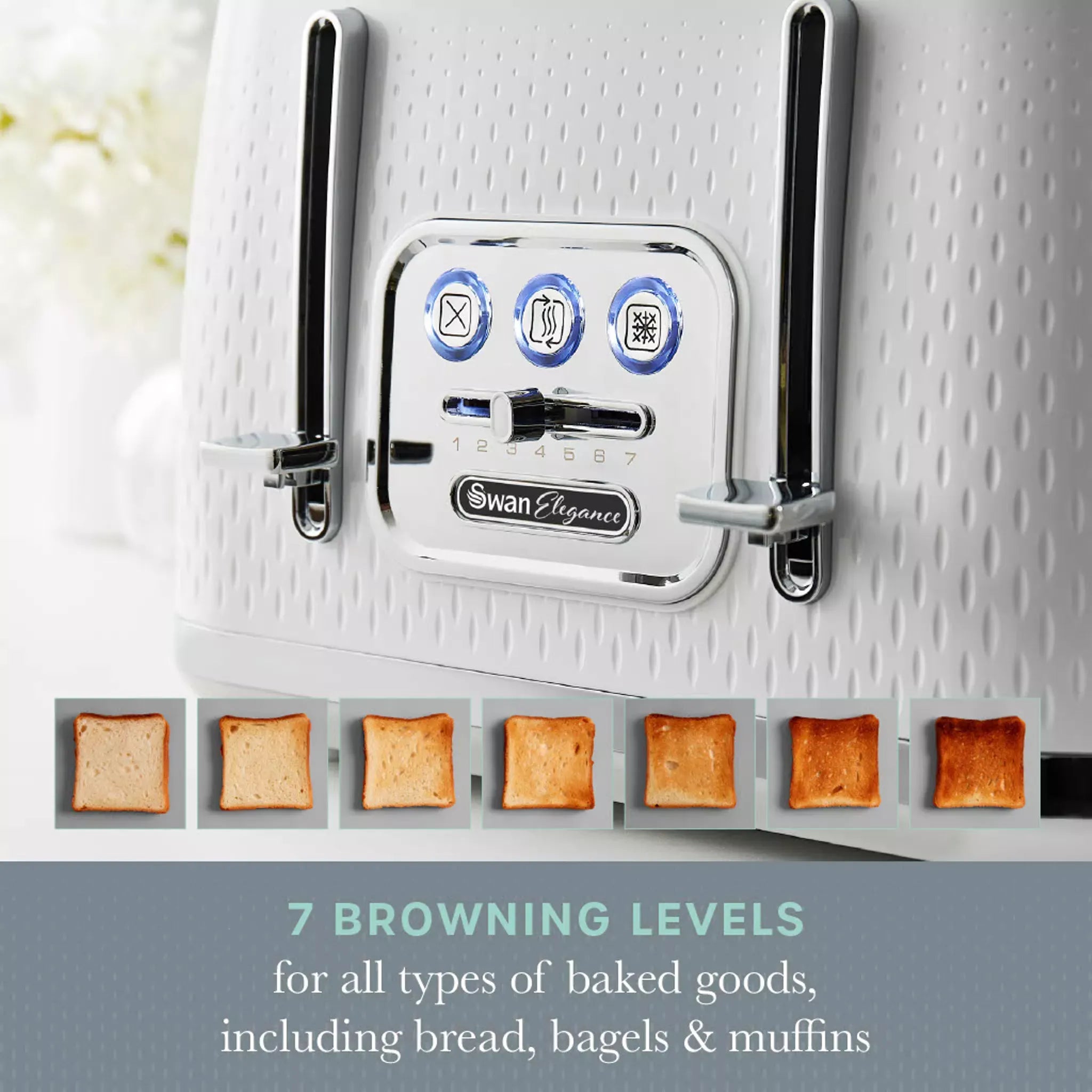 Swan Elegance Kettle, 4 Slice Toaster, Bread Bin, Canisters, Towel Pole & Mug Tree Set (White)