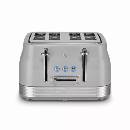 Swan Retro Pyramid Kettle, 4 Slice Toaster, Bread Bin, Canisters & Towel Pole Kitchen Set (Grey)