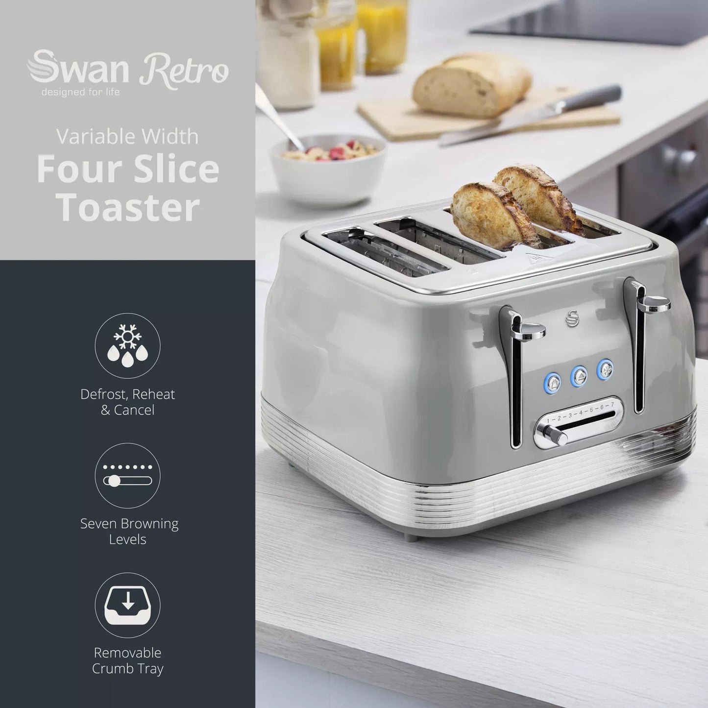 Swan Retro Pyramid Kettle, 4 Slice Toaster, Bread Bin, Canisters & Towel Pole Kitchen Set (Grey)