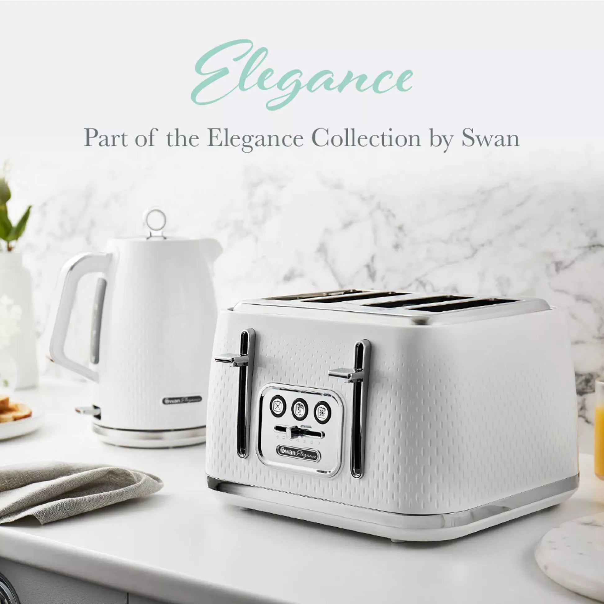 Swan Swan Elegance Kettle, 4 Slice Toaster, Bread Bin, Canisters, Towel Pole & Mug Tree Set (White)