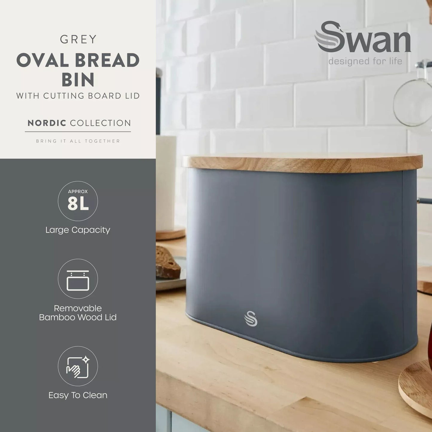 Swan Swan Nordic Kettle, 2 Slice Toaster, Bread Bin & Canisters Kitchen Set (Grey)
