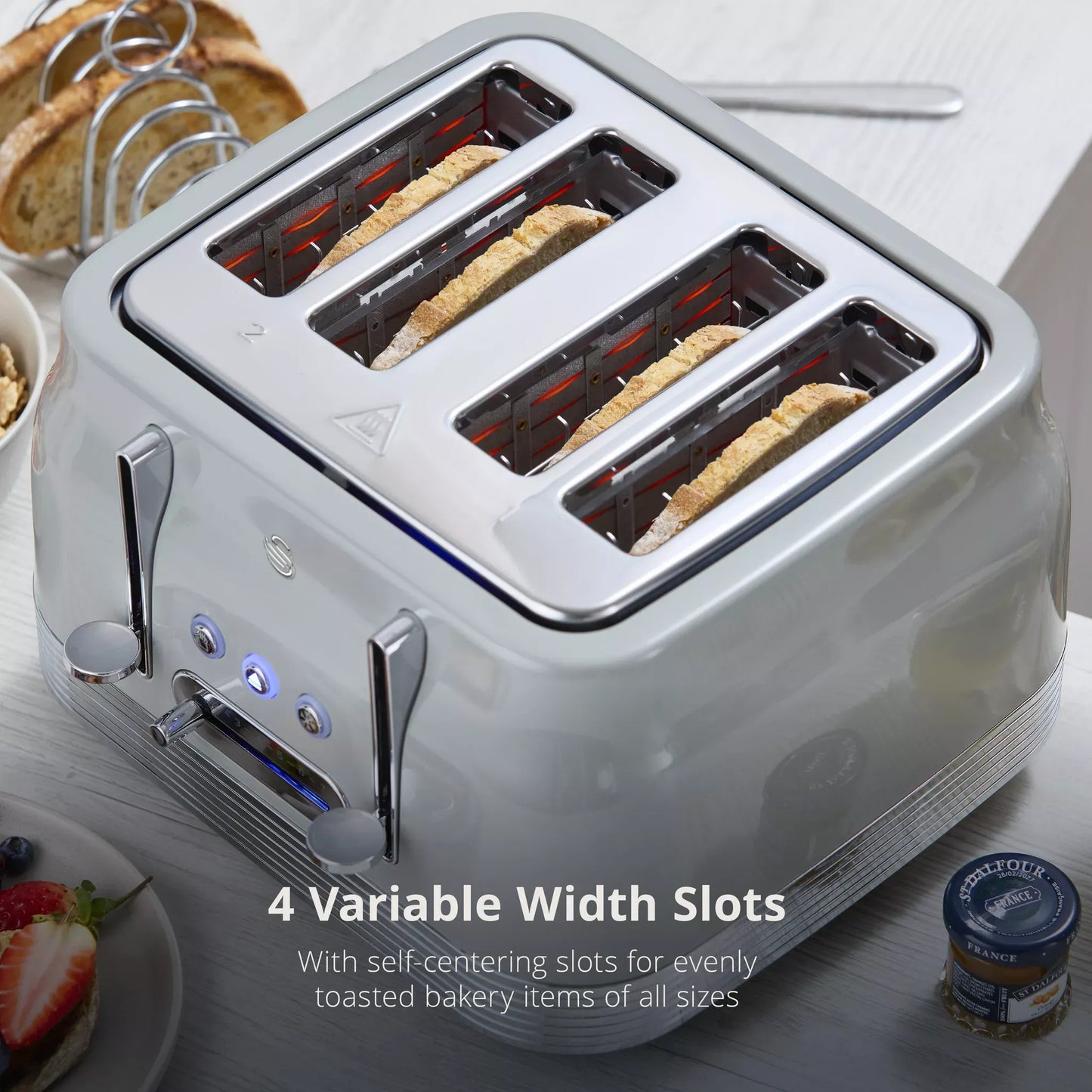 Swan Retro Pyramid Kettle, 4 Slice Toaster, Bread Bin, Canisters & Towel Pole Kitchen Set (Grey)