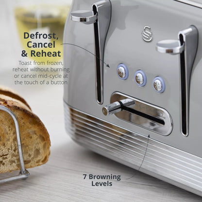 Swan Retro Pyramid Kettle, 4 Slice Toaster, Bread Bin, Canisters & Towel Pole Kitchen Set (Grey)