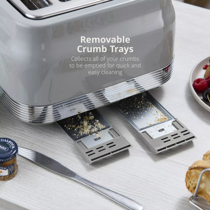 Swan Retro Pyramid Kettle, 4 Slice Toaster, Bread Bin, Canisters & Towel Pole Kitchen Set (Grey)