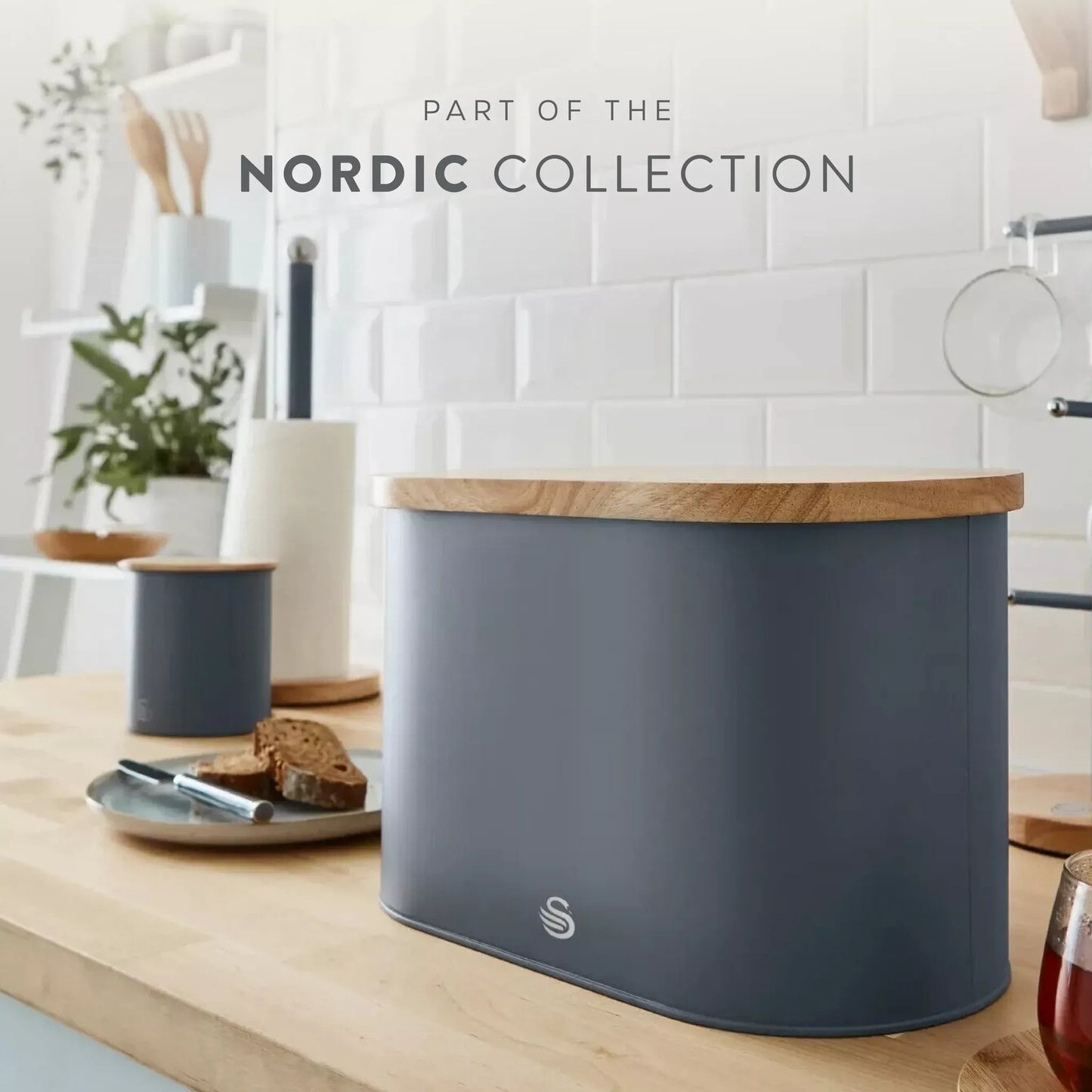 Swan Swan Nordic Kettle, 2 Slice Toaster, Bread Bin & Canisters Kitchen Set (Grey)