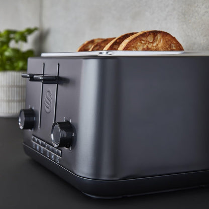 Matt black 4-slice toaster side view with lever and dial