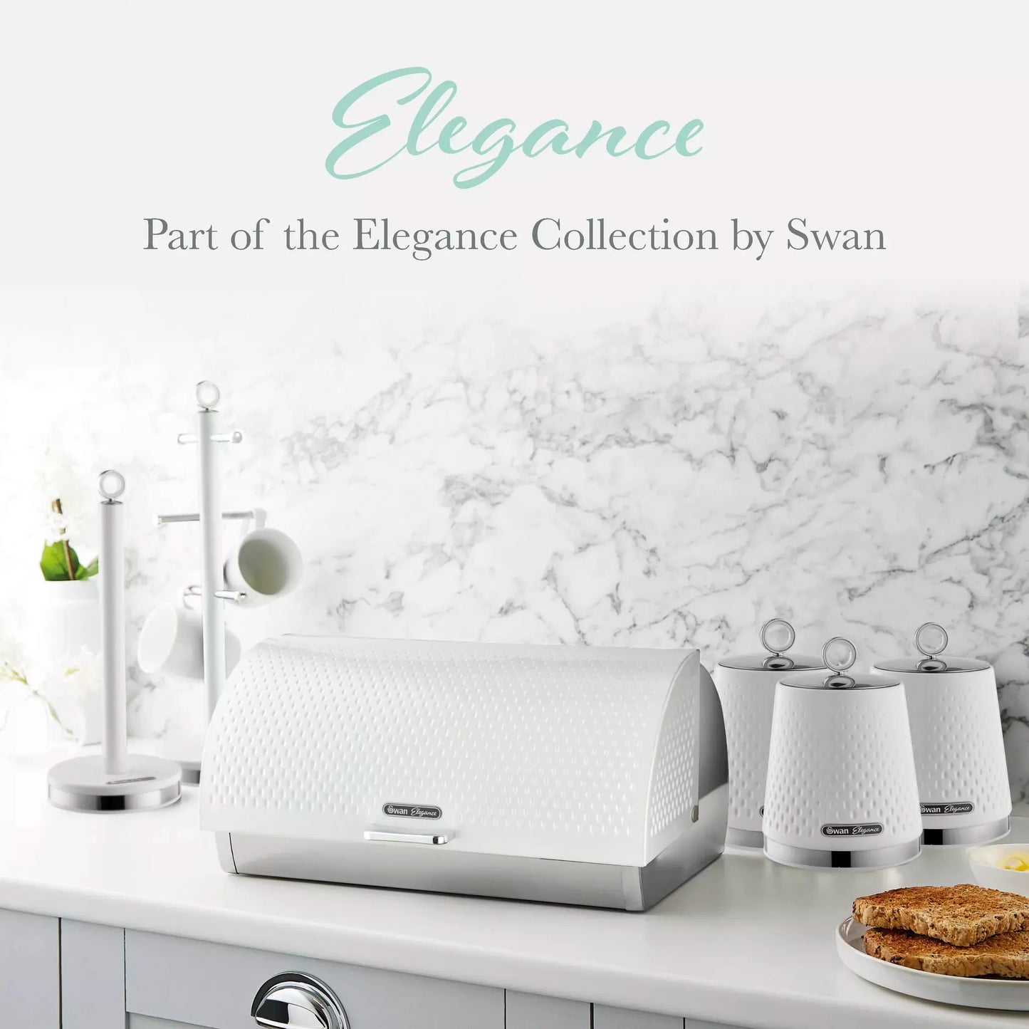 Swan Swan Elegance Kettle, 4 Slice Toaster, Bread Bin, Canisters, Towel Pole & Mug Tree Set (White)