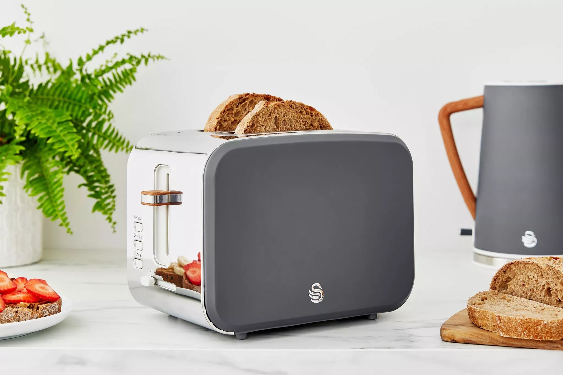 Swan Swan Nordic Kettle, 2 Slice Toaster, Bread Bin & Canisters Kitchen Set (Grey)