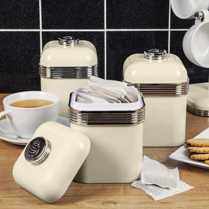 Swan Retro Kettle, 4 Slice Toaster, Bread Bin, Canisters & Towel Pole Set (Cream)