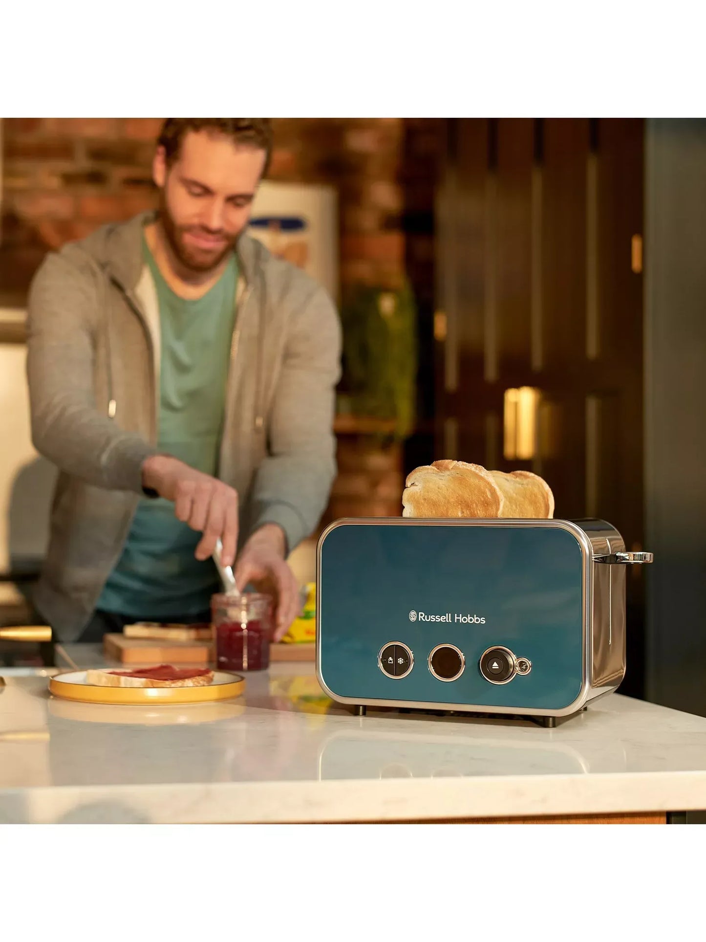 Russell Hobbs Distinctions Pyramid Kettle & 2 Slice Toaster Kitchen Set (Ocean Blue)
