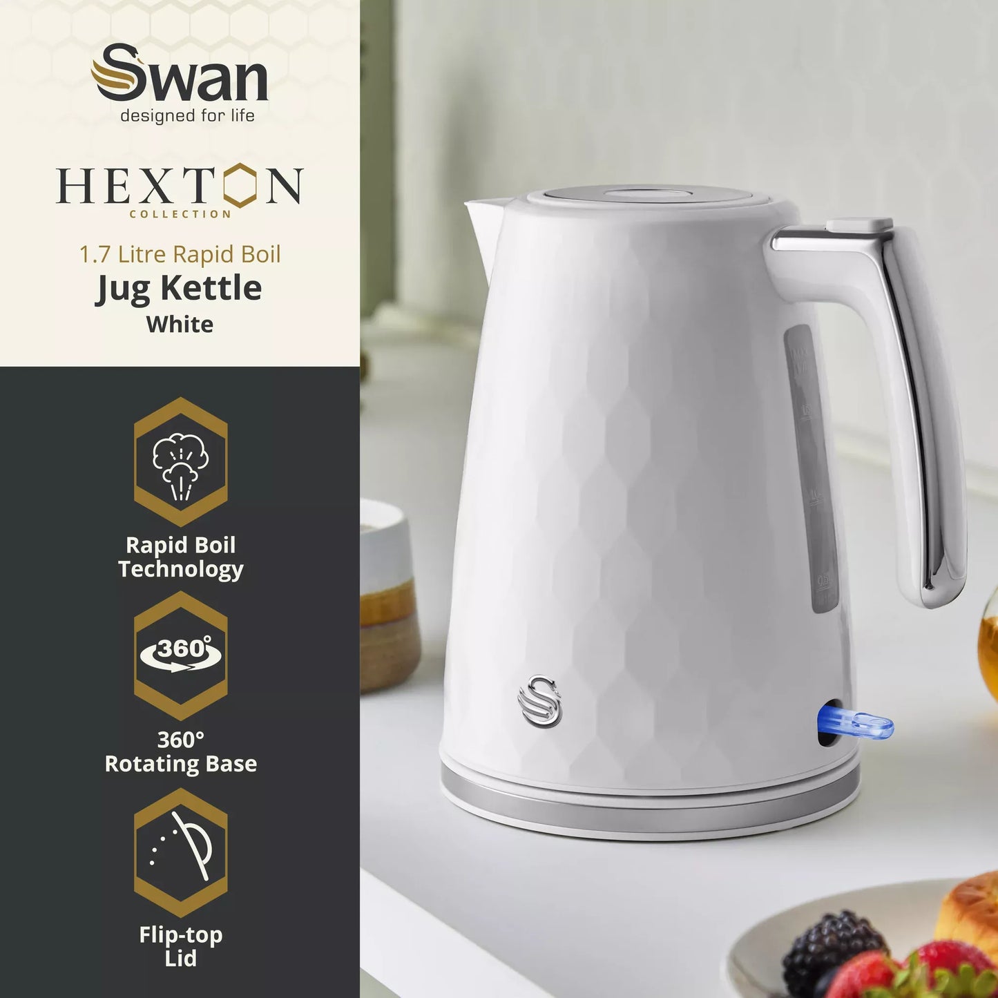 Swan Swan Hexton Kettle & 2 Slice Toaster Kitchen Set (White)