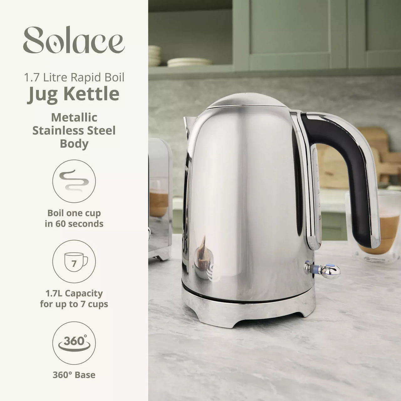 Stainless steel electric kettle with black handle and 360° base, silver body