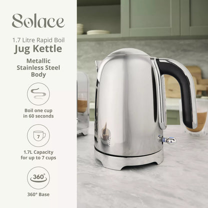 Swan Swan Solace Jug Kettle & 2 Slice Toaster Kitchen Set (Silver Stainless Steel)
