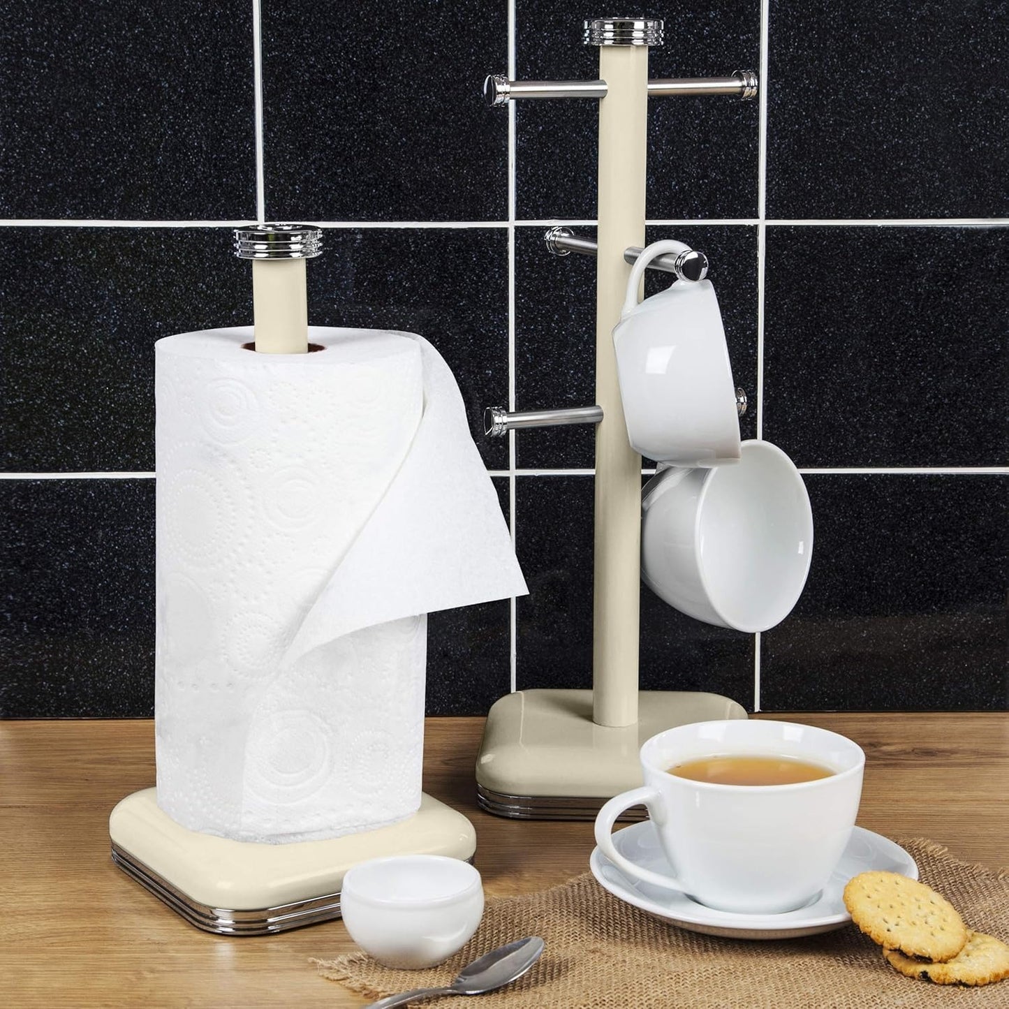 Swan Retro Kettle, 4 Slice Toaster, Bread Bin, Canisters & Towel Pole Set (Cream)