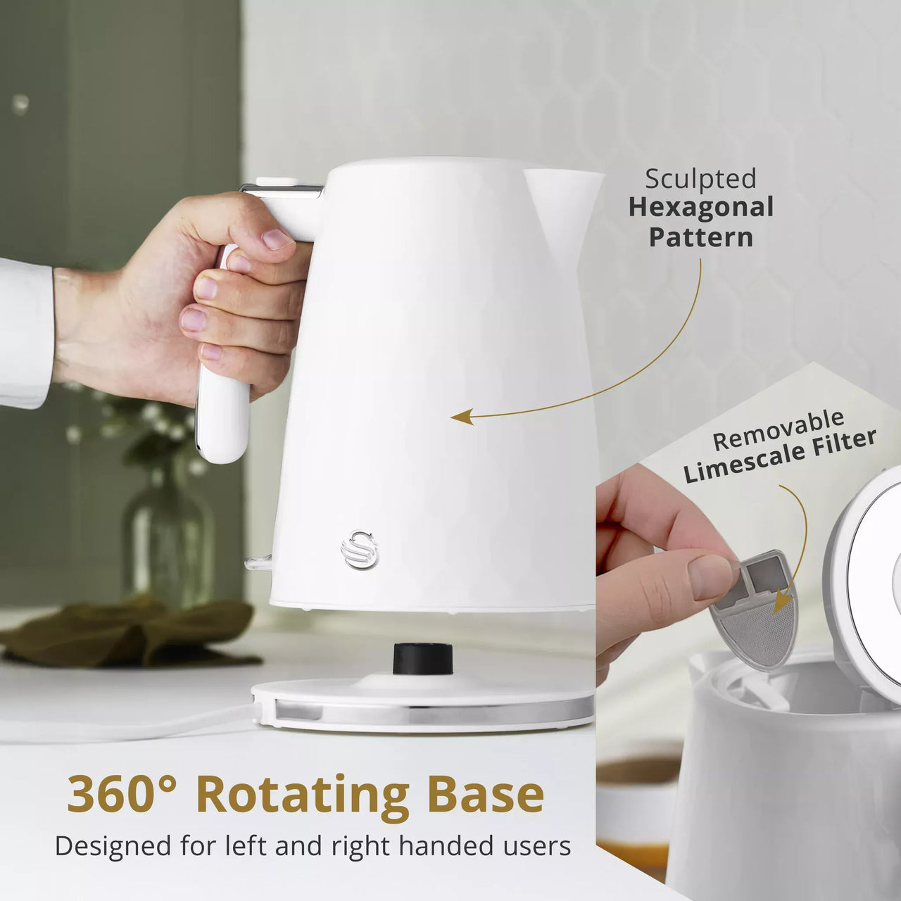 White jug kettle with removable limescale filter and 360° rotating base