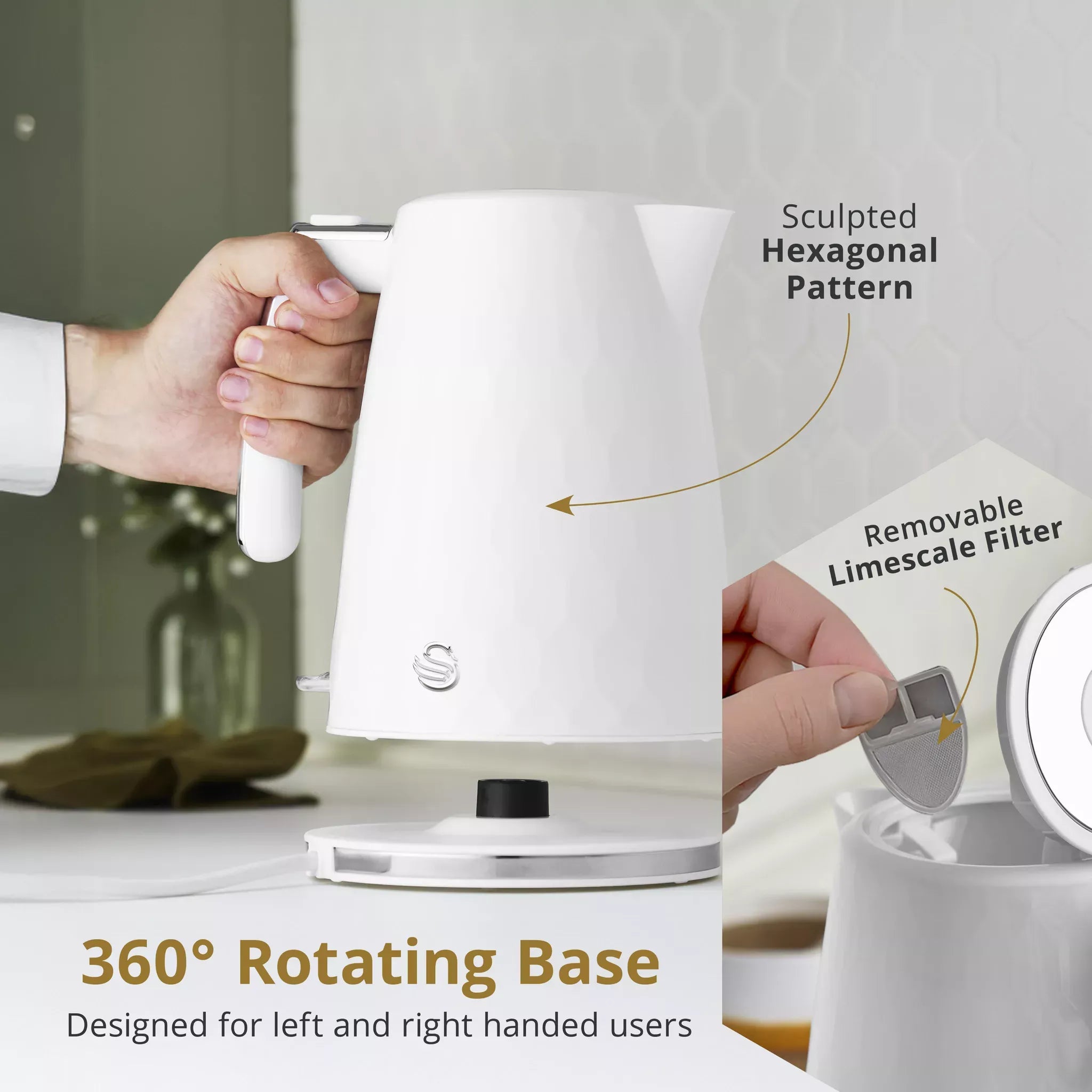 White jug kettle with removable limescale filter and 360° rotating base