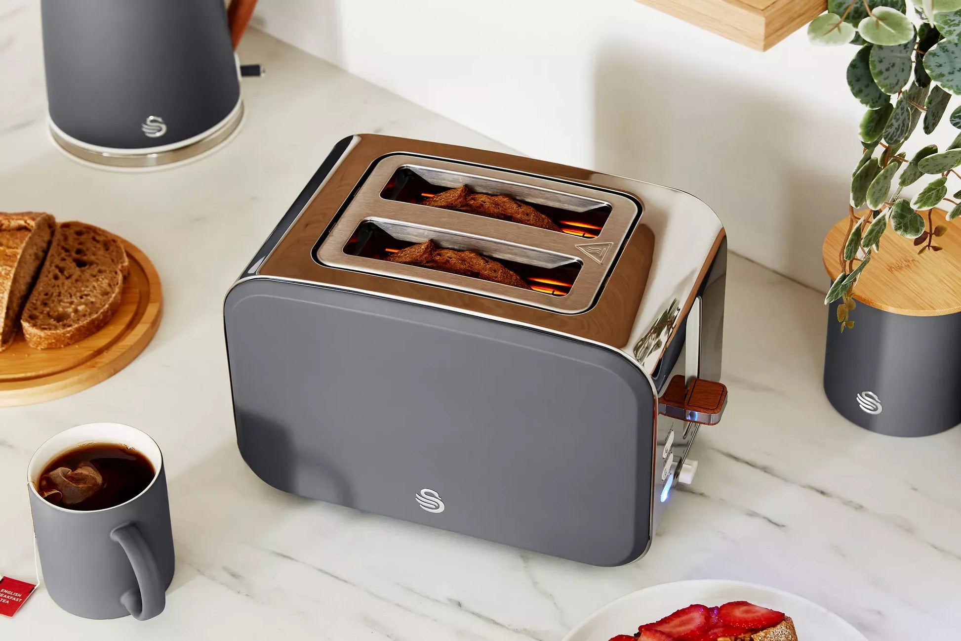 Swan Swan Nordic Kettle, 2 Slice Toaster, Bread Bin & Canisters Kitchen Set (Grey)