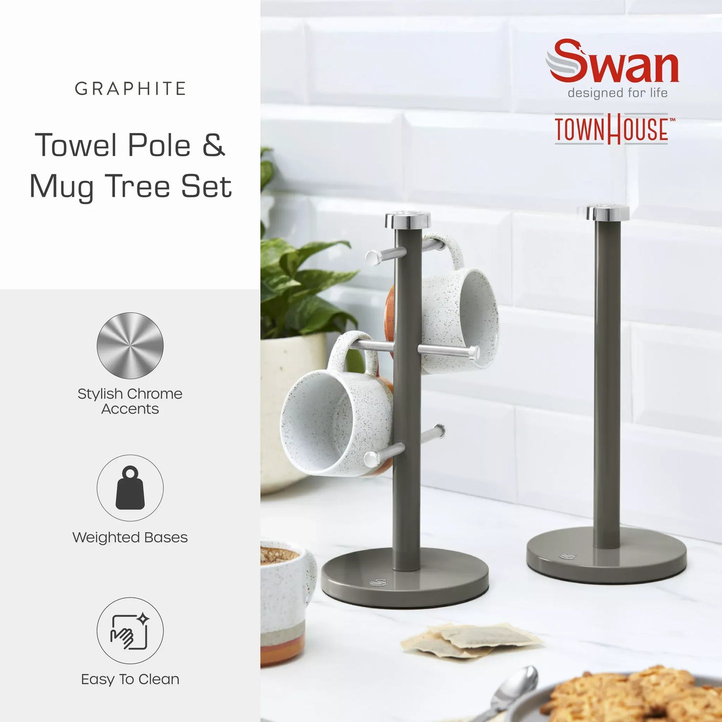 Swan Swan Townhouse Bread Bin, Canisters, Towel Pole & Mug Tree Set (Graphite)