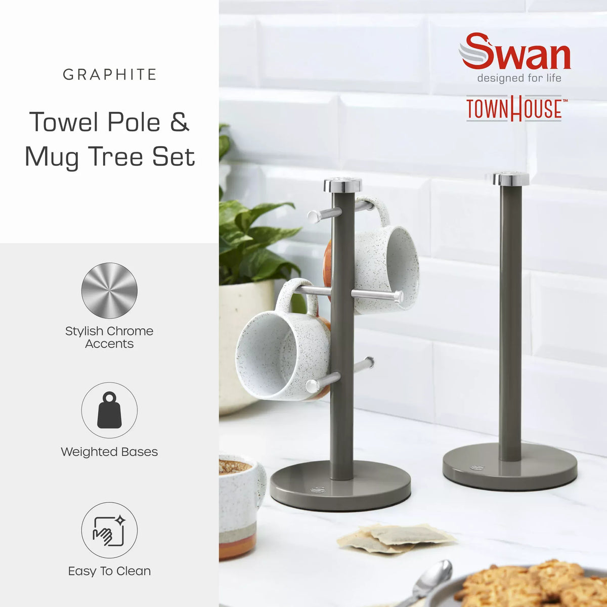 Swan Swan Townhouse Bread Bin, Canisters, Towel Pole & Mug Tree Set (Graphite)