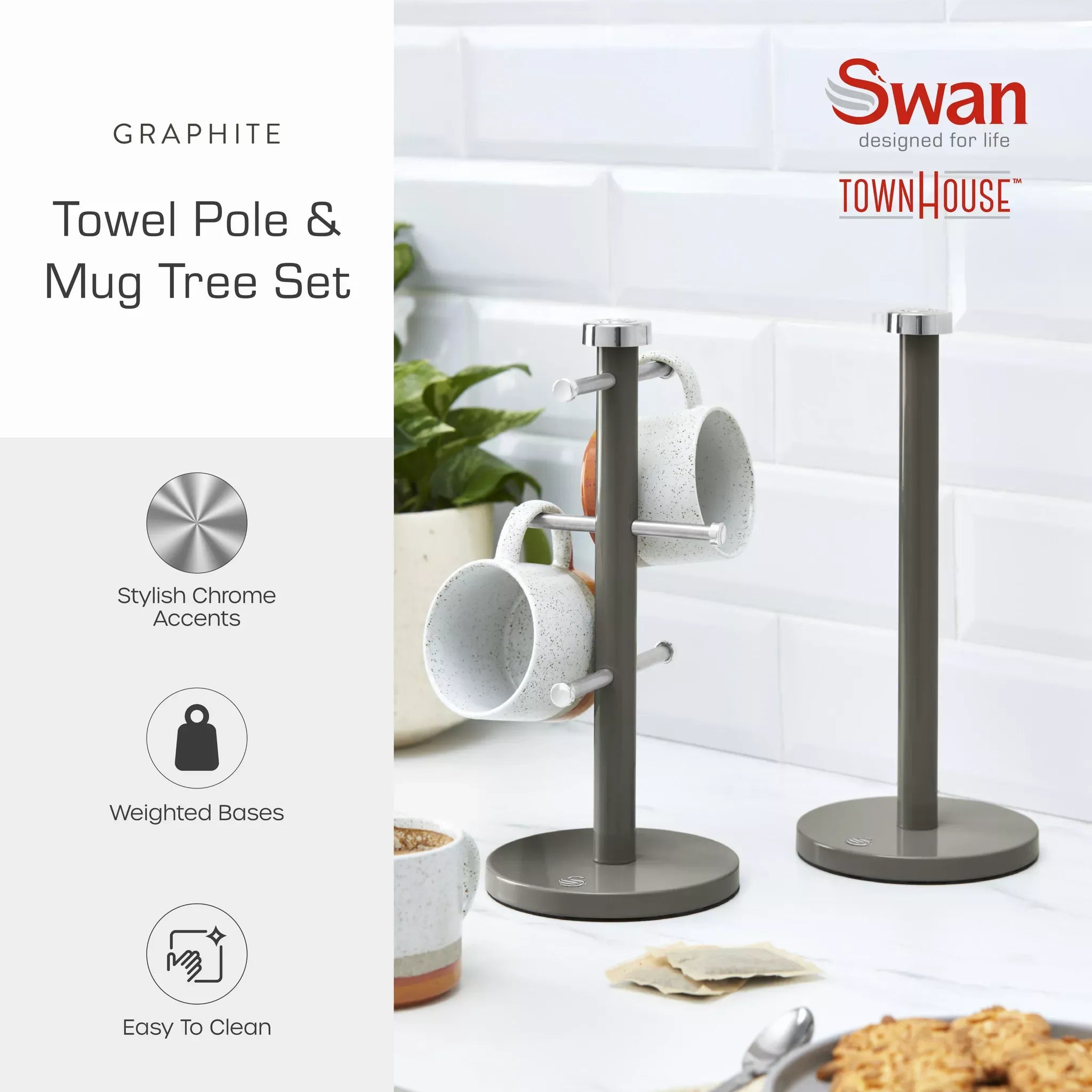 Swan Townhouse Bread Bin, Canisters, Towel Pole & Mug Tree Set (Graphite)