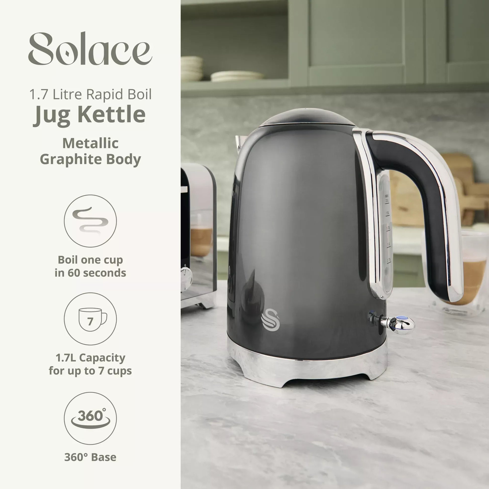 Swan Swan Solace Jug Kettle & 2 Slice Toaster Kitchen Set (Graphite)