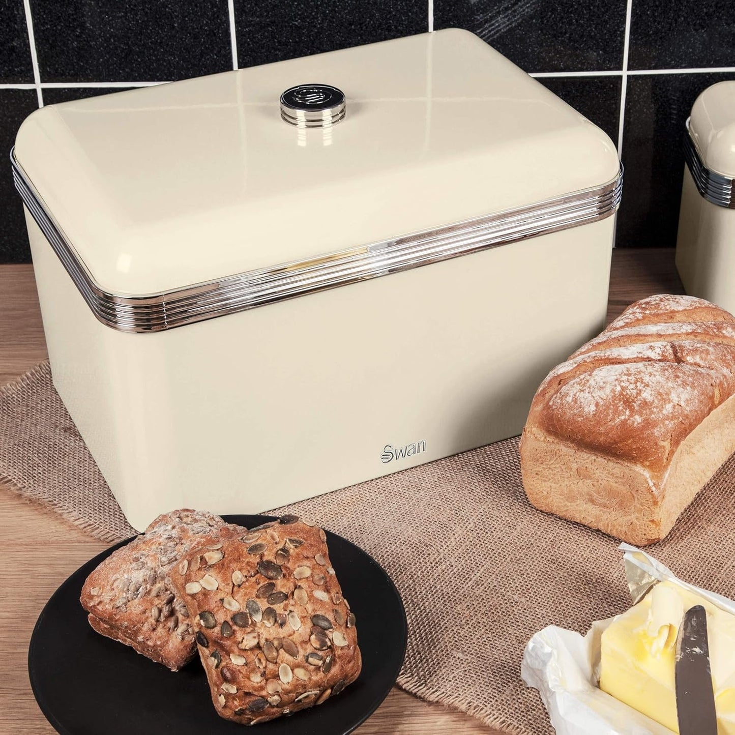 Swan Retro Kettle, 4 Slice Toaster, Bread Bin, Canisters & Towel Pole Set (Cream)
