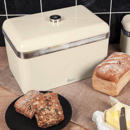 Swan Retro Kettle, 4 Slice Toaster, Bread Bin, Canisters & Towel Pole Set (Cream)