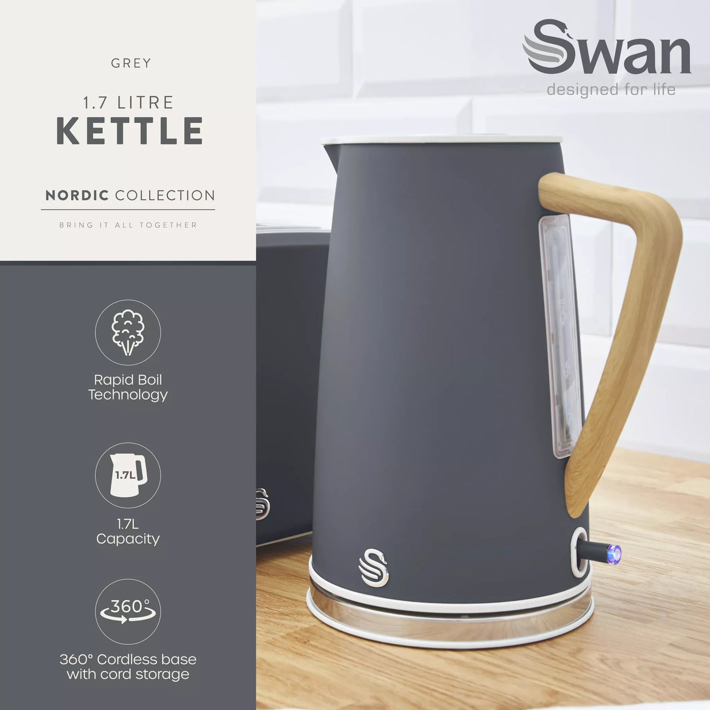 Swan Swan Nordic Kettle, 2 Slice Toaster, Bread Bin & Canisters Kitchen Set (Grey)